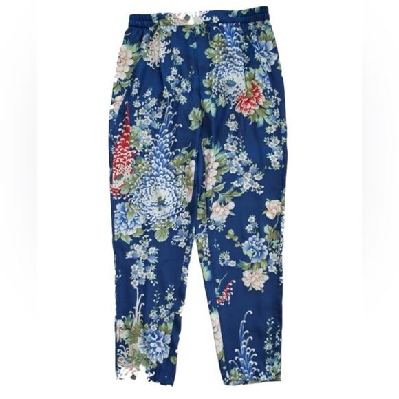 Zara Silky Harness The Power Of Flowers Straight Leg Crop Pants Pull On Blue M - Picture 1 of 14